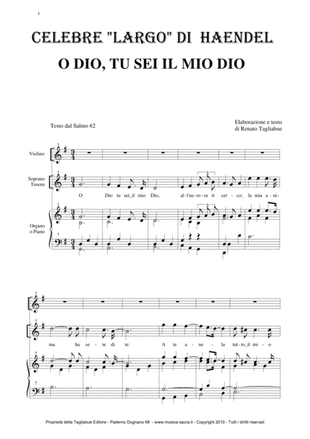 LARGO from Xerxes - O DIO, TU SEI IL MIO DIO - Arr. for Soprano (or Tenor), Violin in counterpoint a (arr. R. Tagliabue)