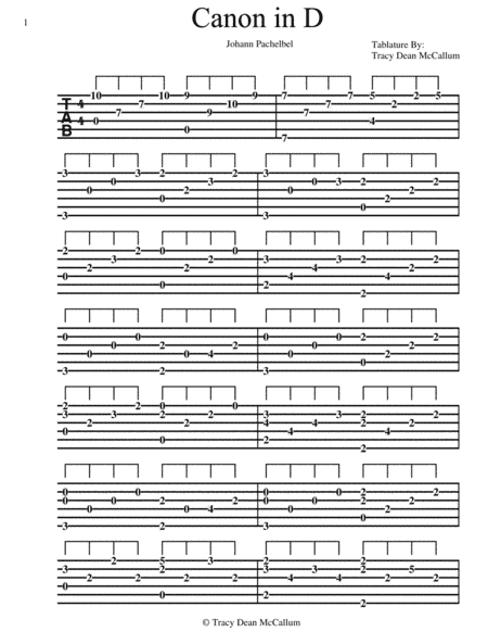 Canon In D For Classical Guitar Tablature (arr. Tablature By: Tracy Dean McCallum)