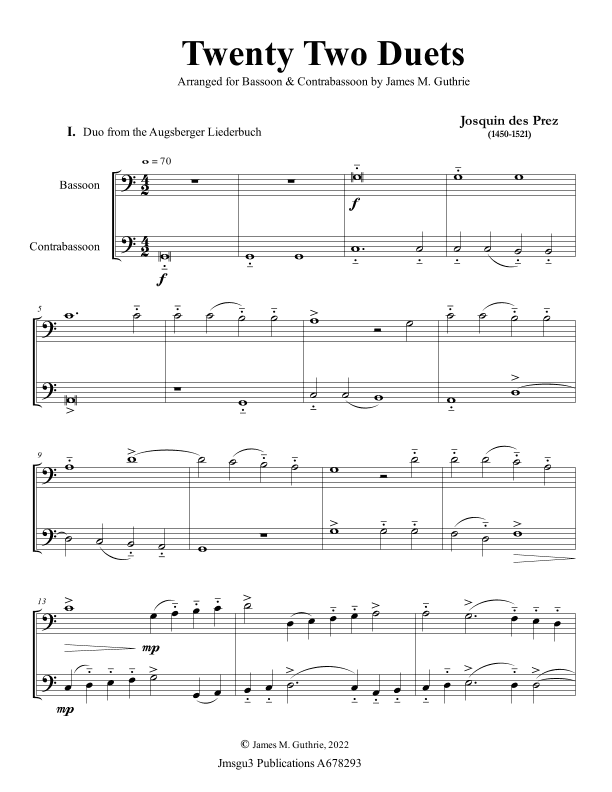 Josquin: 22 Duets for Bassoon & Contrabassoon (arr. James M. Guthrie)