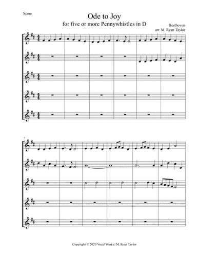 Ode to Joy for 5 Flutes, Pennywhistles or Recorders (arr. M. Ryan Taylor)