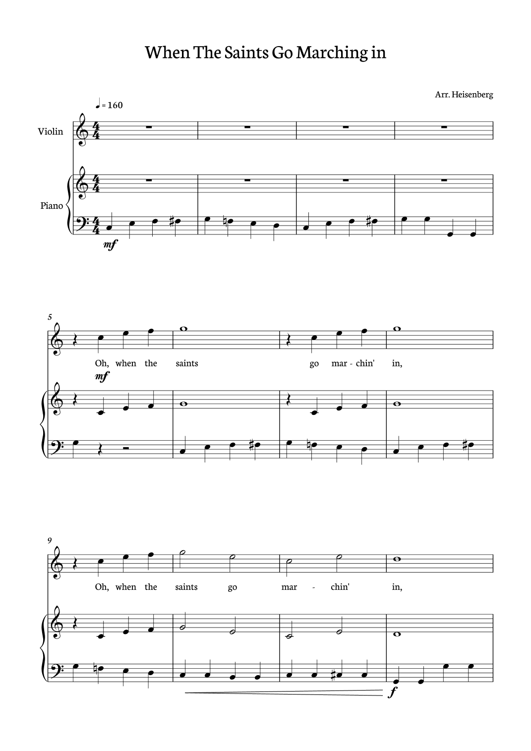 When The Saints Go Marching In for Violin with Piano accompaniment and lyrics (arr. Heisenberg)