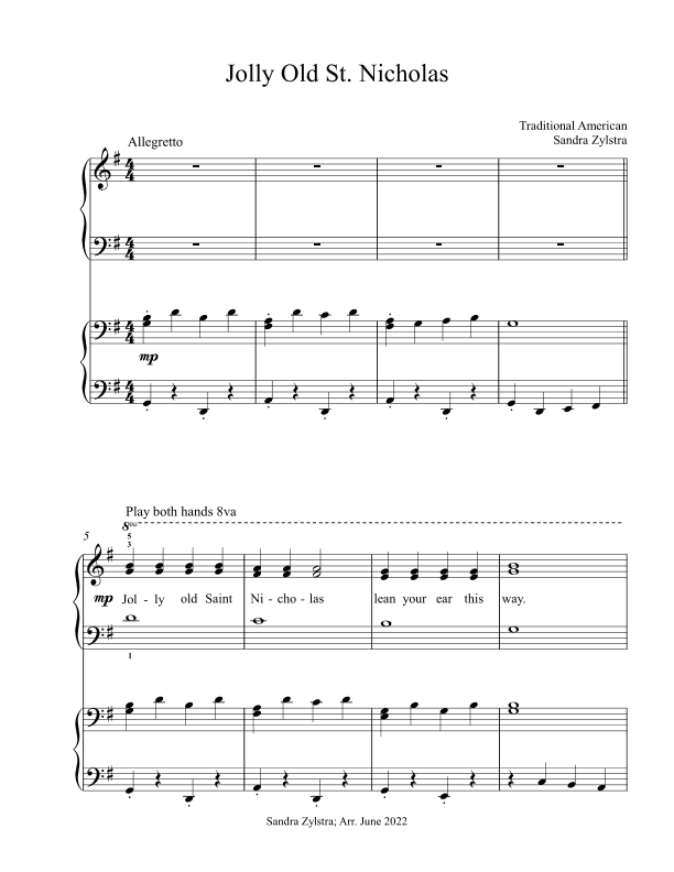Jolly Old St. Nicholas (elementary piano with optional duet) (arr. Sandra Zylstra)