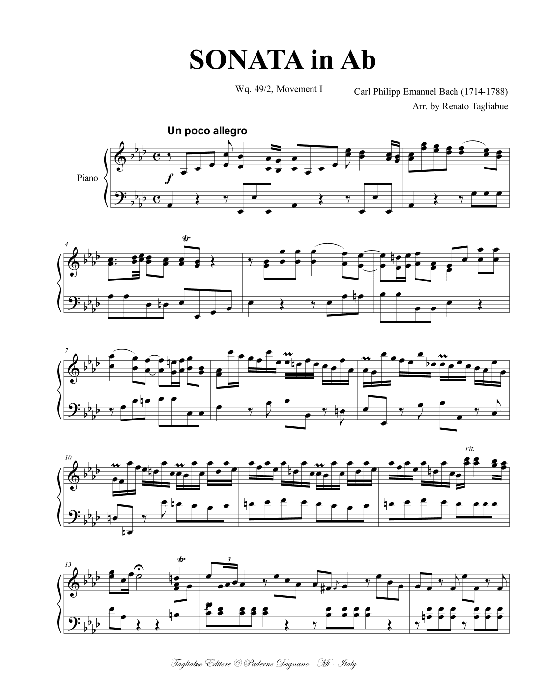 BACH C.P.E., SONATA in Ab (arr. Renato Tagliabue)