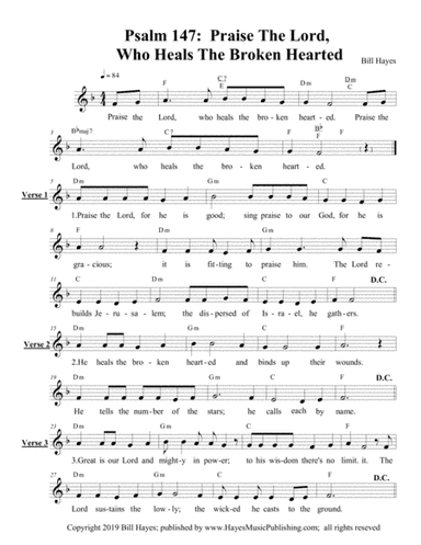 Psalm 147:  Praise The Lord, Who Heals The Broken Hearted (Leadsheet)