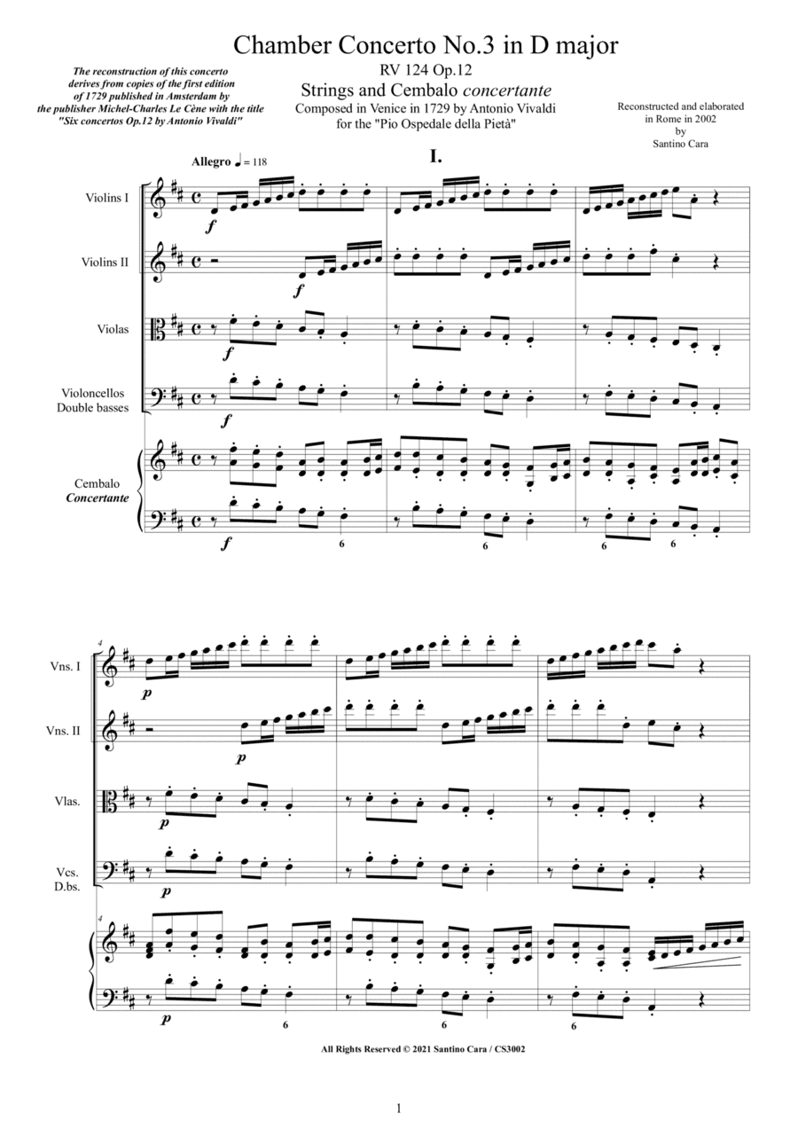 Vivaldi - Chamber Concerto No.3 in D major Op.12 RV 124 for Strings and Cembalo concertante (arr. Santino Cara)