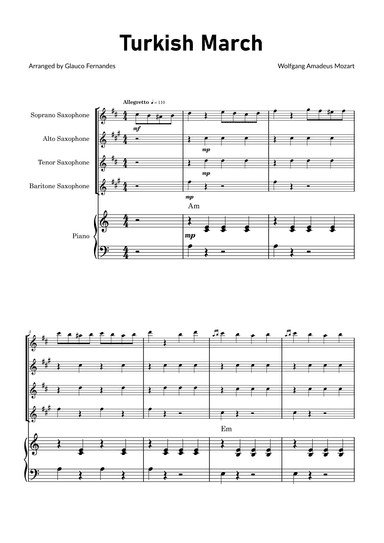 Turkish March by Mozart - Saxophone Quartet with Piano and Chord Notations (arr. Glauco Fernandes)