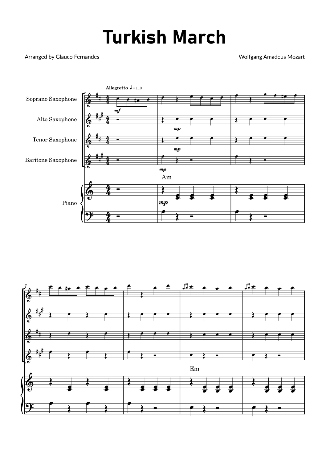 Turkish March by Mozart - Saxophone Quartet with Piano and Chord Notations (arr. Glauco Fernandes)