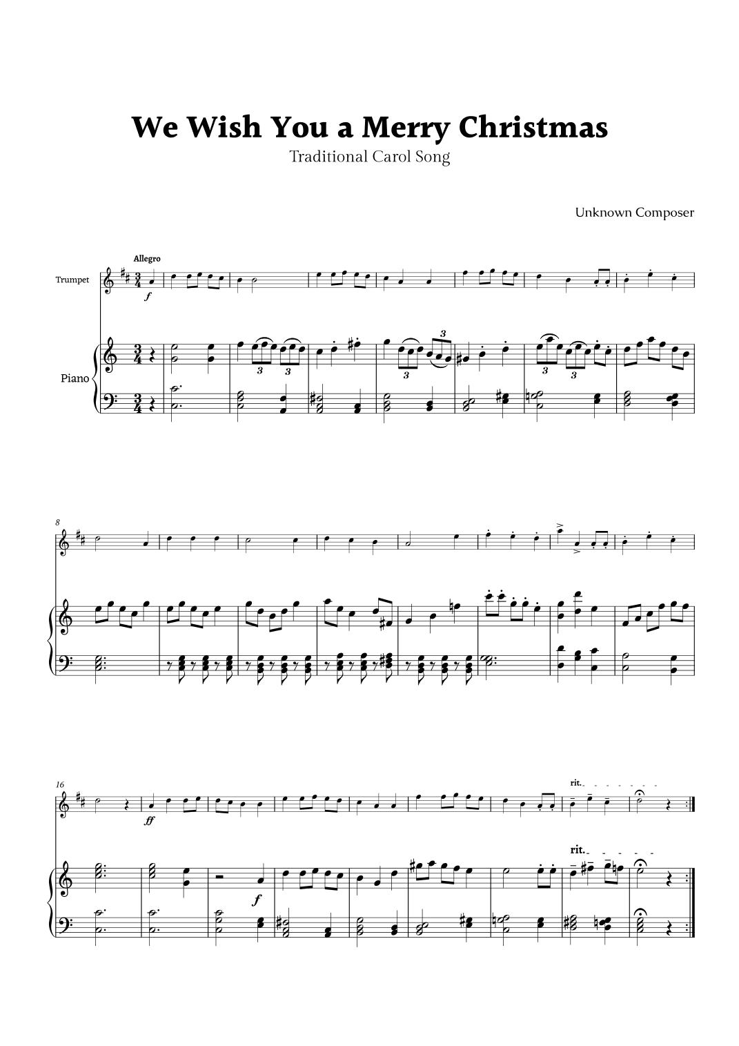 We Wish you a Merry Christmas for Trumpet and Piano (arr. Rika K.)
