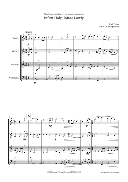 Infant Holy, Infant Lowly - 3 Violins and Cello (arr. Anne L Christopherson GRSM ARCM)
