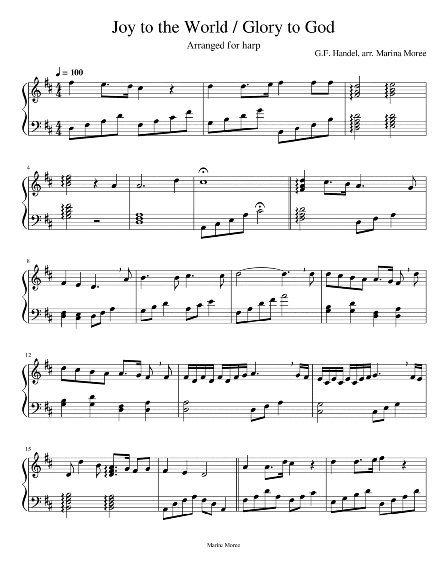 Joy to the World - Glory to God, intermediate lever harp arrangement (arr. Marina Moree)