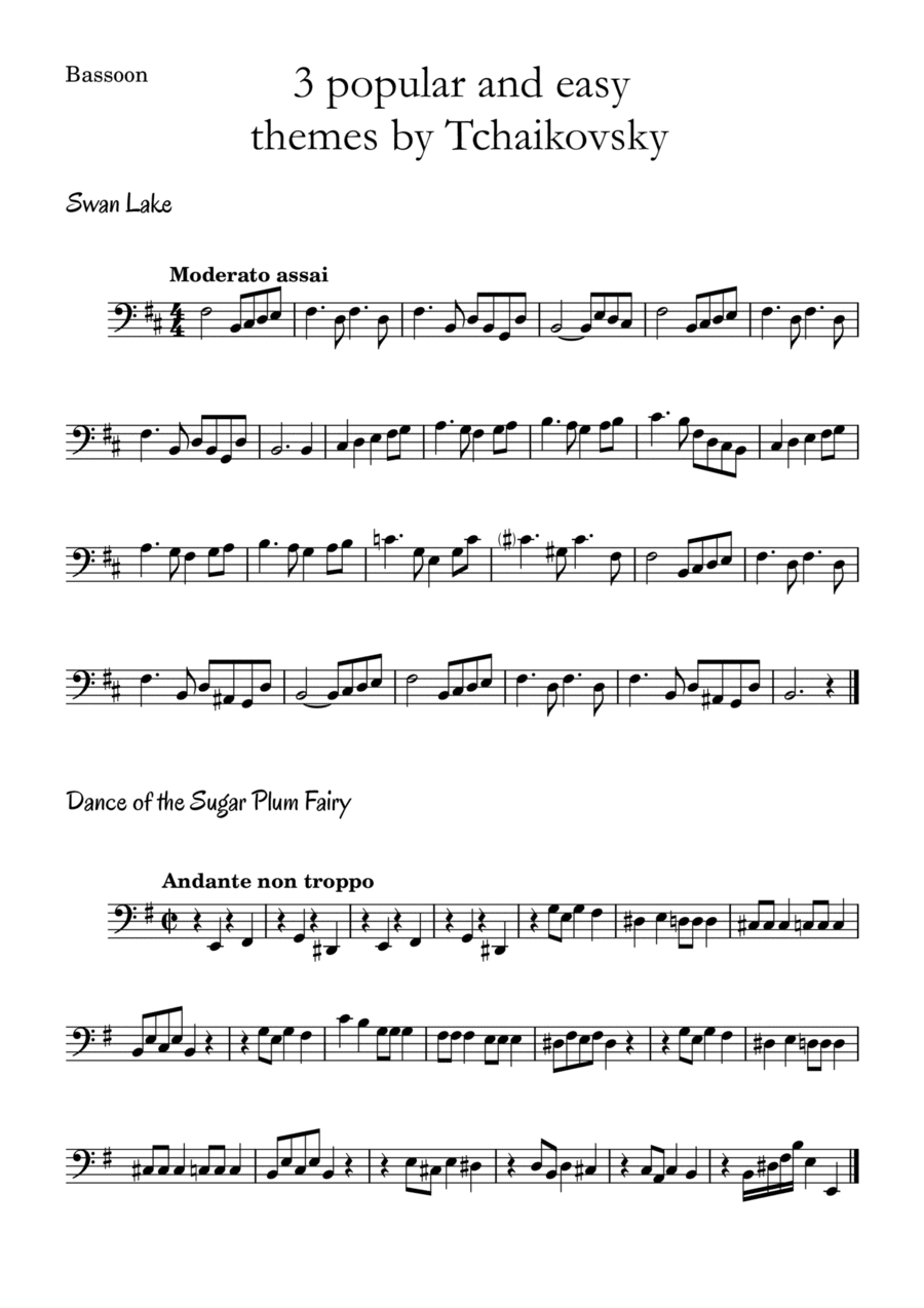 3 popular and easy themes by Tchaikovsky with accompaniment and chord symbols for Bassoon (arr. Leyandder Trustworthy)