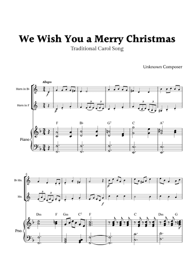 We Wish you a Merry Christmas for Horn in F and B-Flat Horn Duet with Piano (arr. Rika K.)