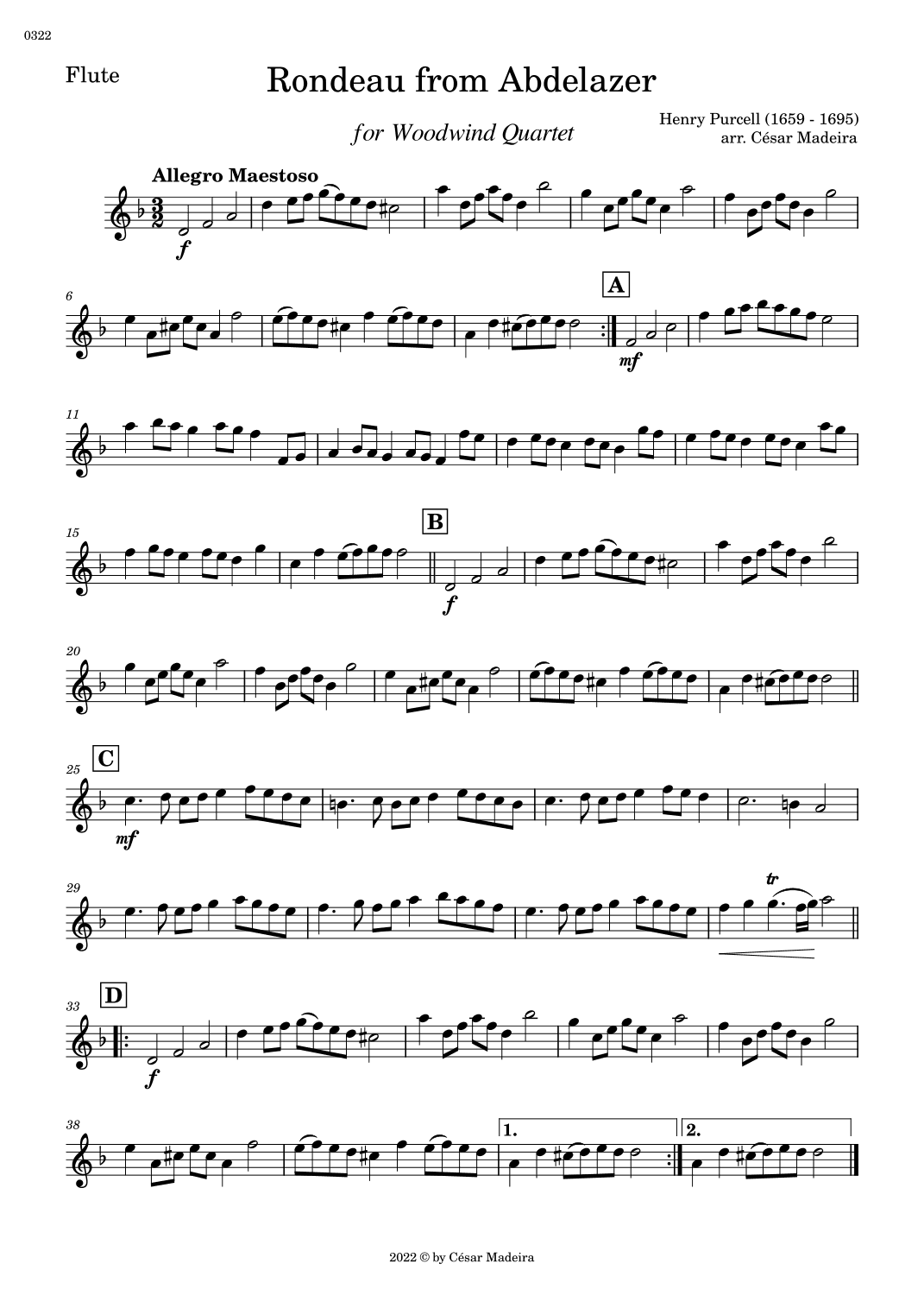 Rondeau from Abdelazer - Woodwind Quartet (Individual Parts) (arr. César Madeira)