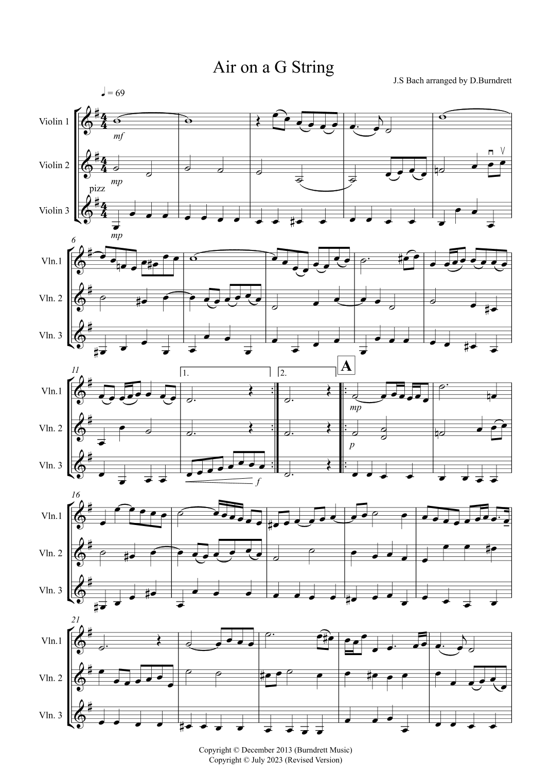 Air on a G String for Violin Trio (arr. David Burndrett)