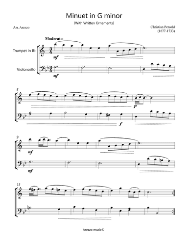 Bach Minuet in G minor - BWV anh 115  - trumpet and Cello - ornamented (arr. Arezzo Music)