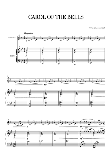 Carol of the Bells (Very Easy/Beginner) (for French Horn and Piano) (arr. Cadenza Editions)
