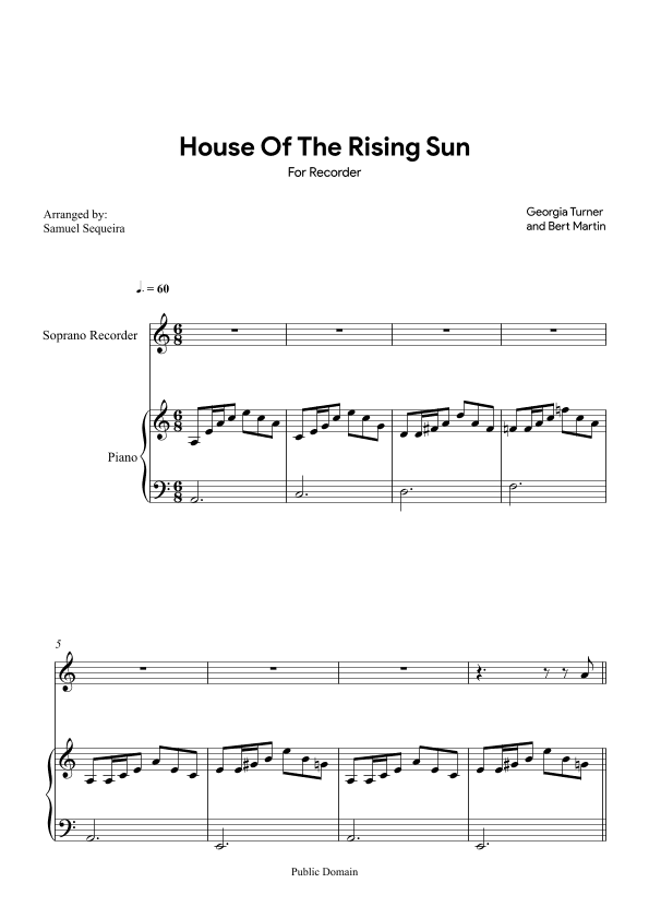 House of the Rising Sun - for Recorder - with play along (arr. Samuel Sequeira)