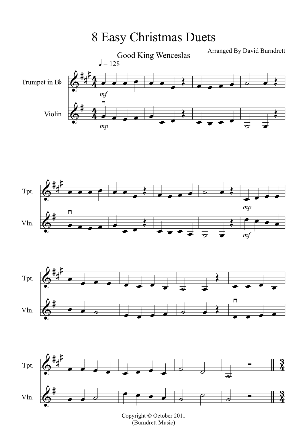 8 Easy Christmas Duets for Trumpet and Violin (arr. David Burndrett)