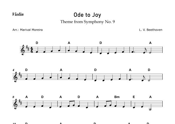 Ode to Joy - Beethoven (Violin Solo) - Score and Chords (arr. Marival Moreira)