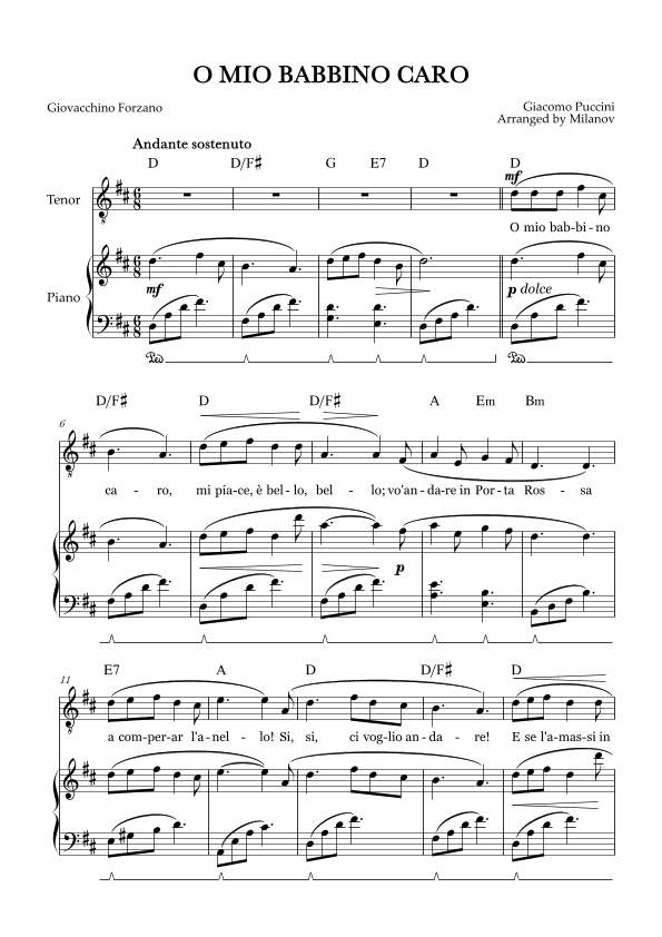 O Mio Babbino Caro | Male Voice Tenor | D Major | Piano accompaniment | Pedal | Chords (arr. Milanov)