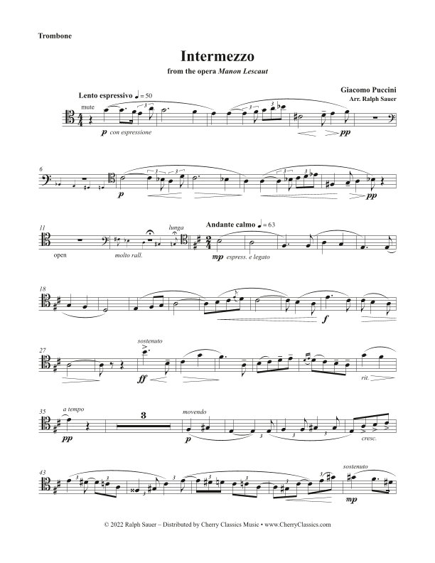 Intermezzo from the opera Manon Lescaut for Trombone and Piano (arr. Ralph Sauer)