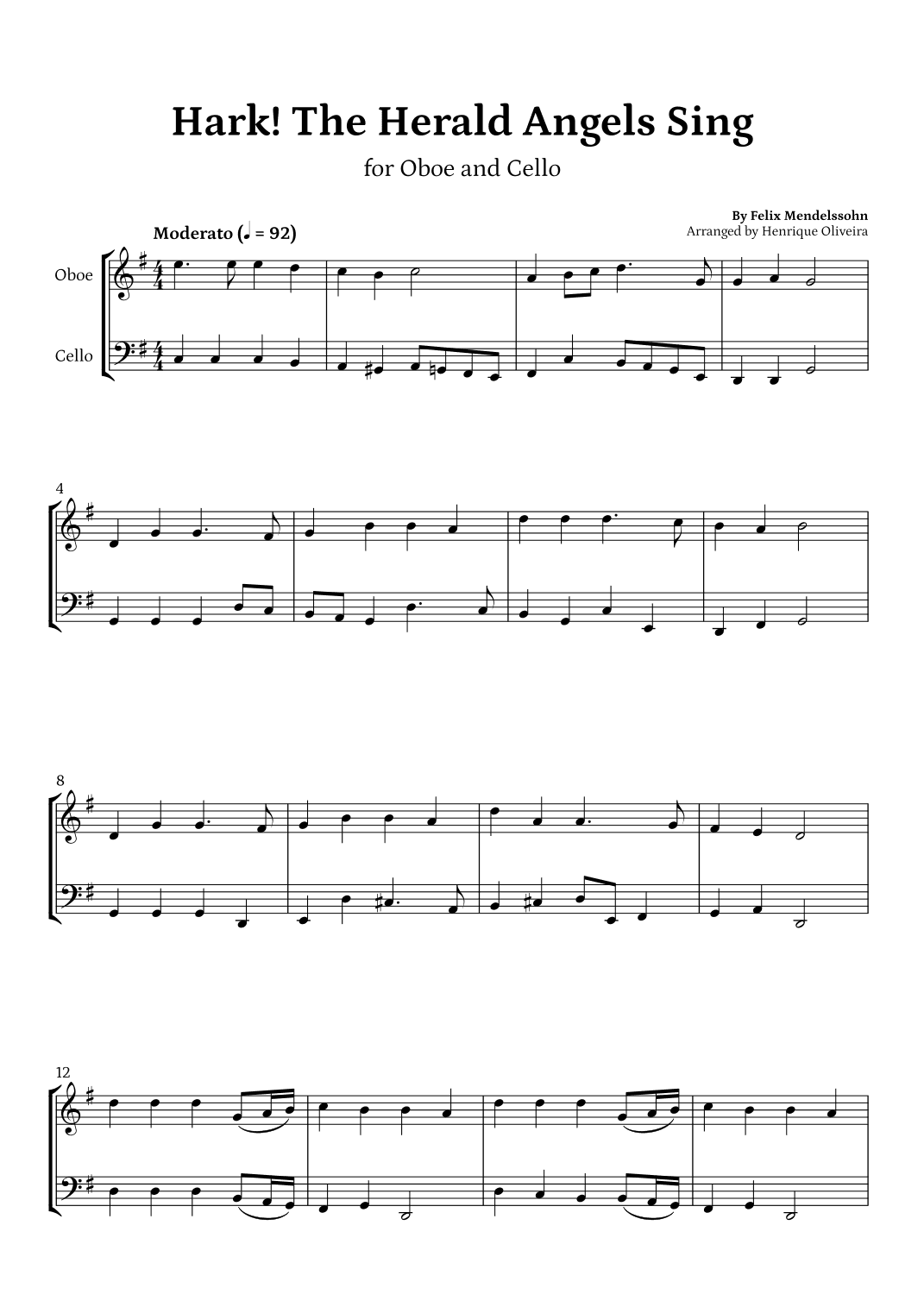 Hark! The Herald Angels Sing (Oboe and Cello) - Beginner Level (arr. Henrique Oliveira)