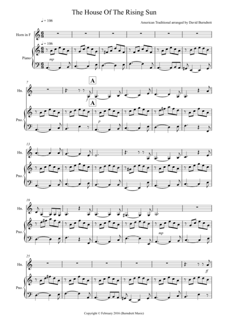 House Of The Rising Sun for French Horn and Piano (arr. David Burndrett)