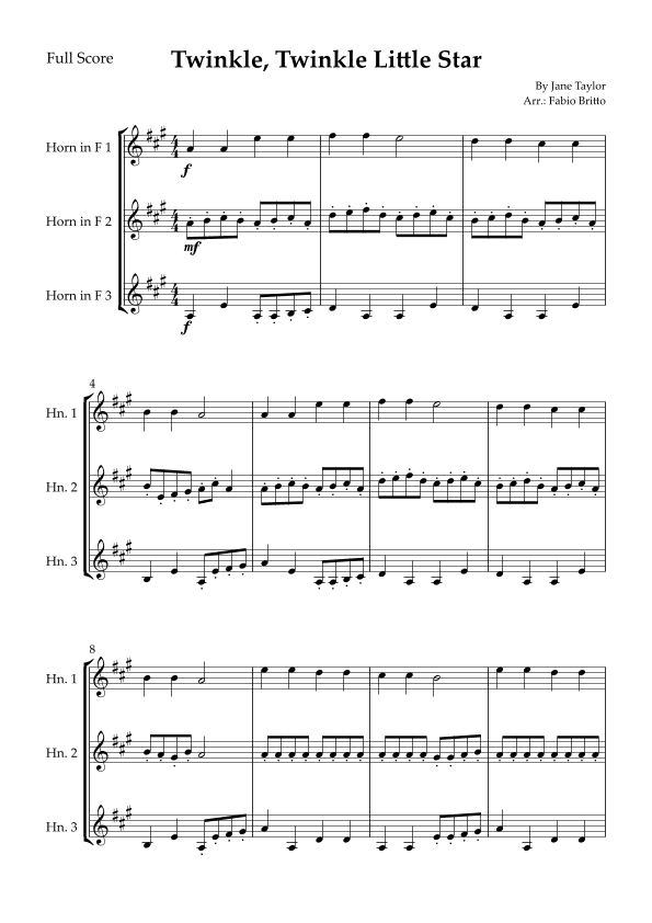 Twinkle, Twinkle Little Star for Horn in F Trio (arr. Fabio Britto)