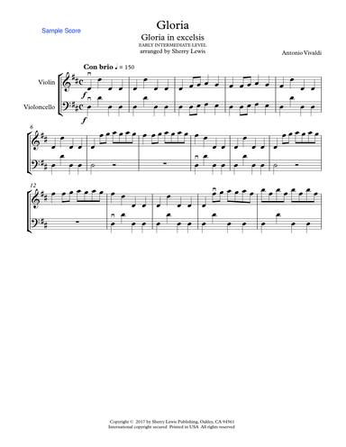 GLORIA IN EXCELSIS, Vivaldi, Early Intermediate Level for violin and cello (arr. Sherry Lewis)