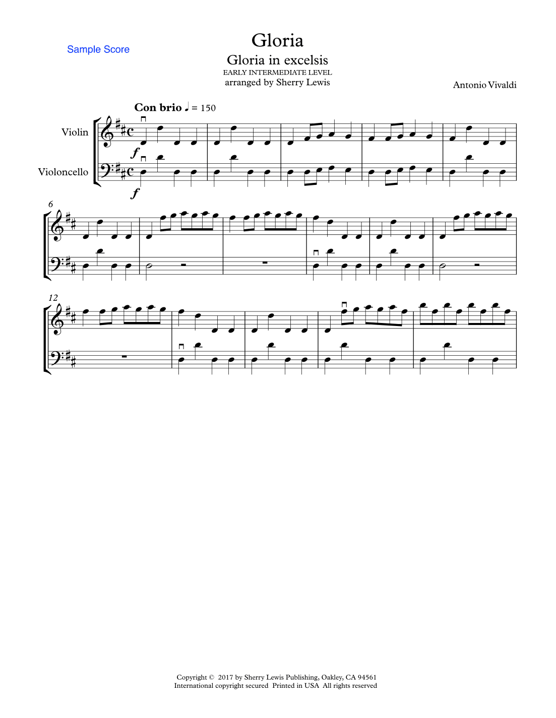 GLORIA IN EXCELSIS, Vivaldi, Early Intermediate Level for violin and cello (arr. Sherry Lewis)