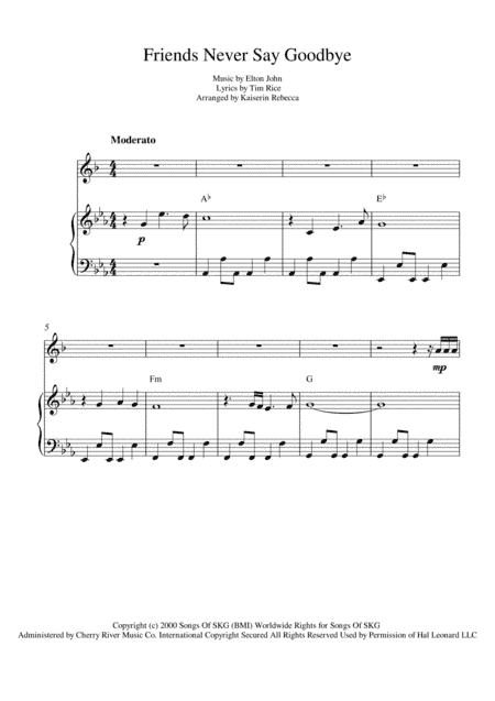 Friends Never Say Goodbye  from THE ROAD TO EL DORADO (arr. Kaiserin Rebecca)