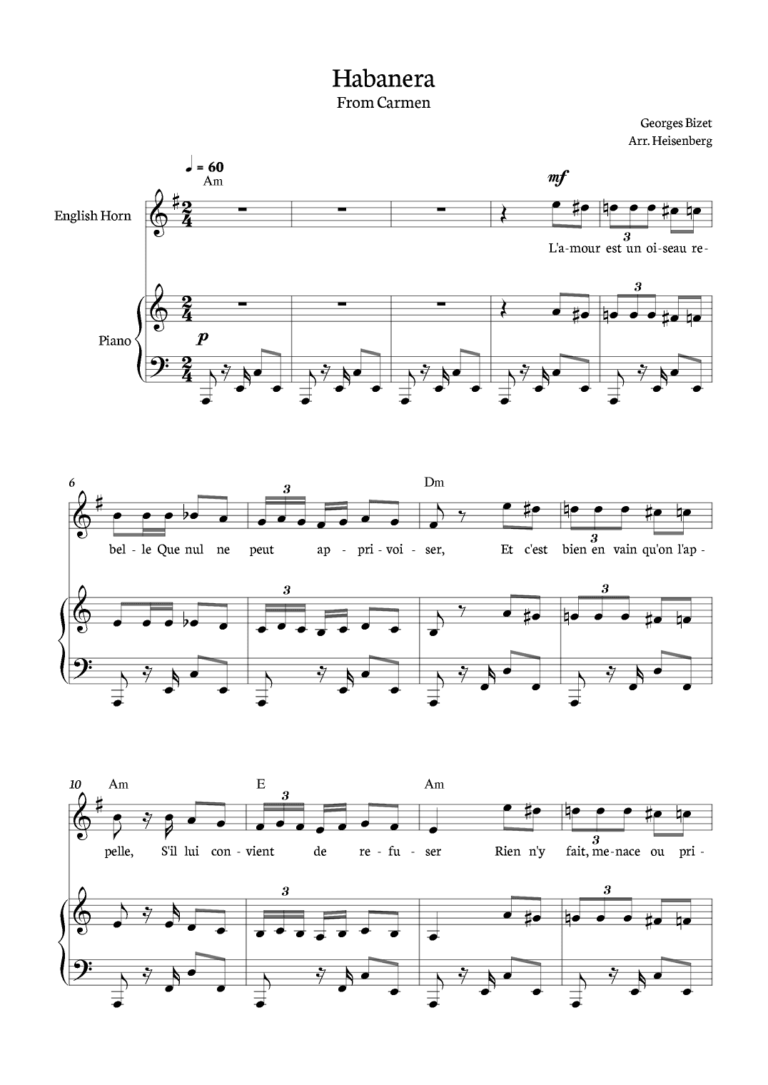 Habanera from Carmen for English Horn with piano and chords. (arr. Heisenberg)