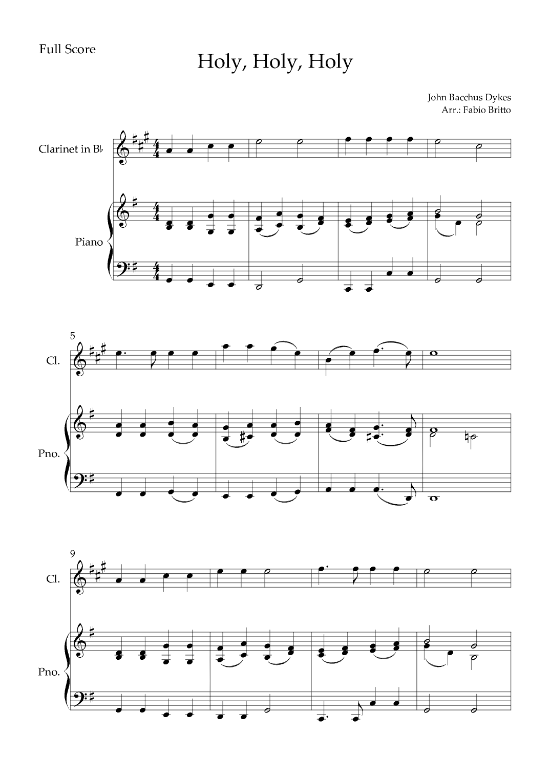Holy, Holy, Holy (Traditional Christian Song) for Clarinet in Bb Solo and Piano Accompaniment (arr. Fabio Britto)