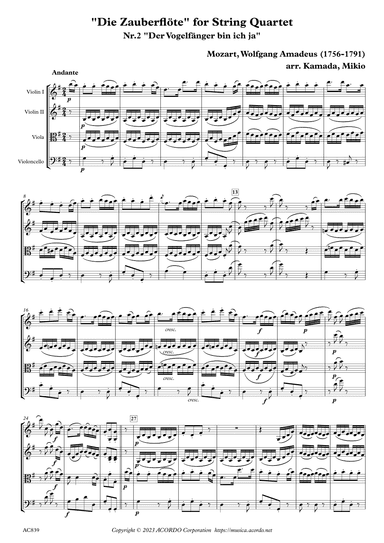 "Die Zauberflöte" for String Quartet, Nr.2 "Der Vogelfänger bin ich ja" (arr. Kamada, Mikio)