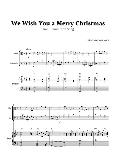 We Wish you a Merry Christmas for Viola and Cello Duet with Piano (arr. Rika K.)