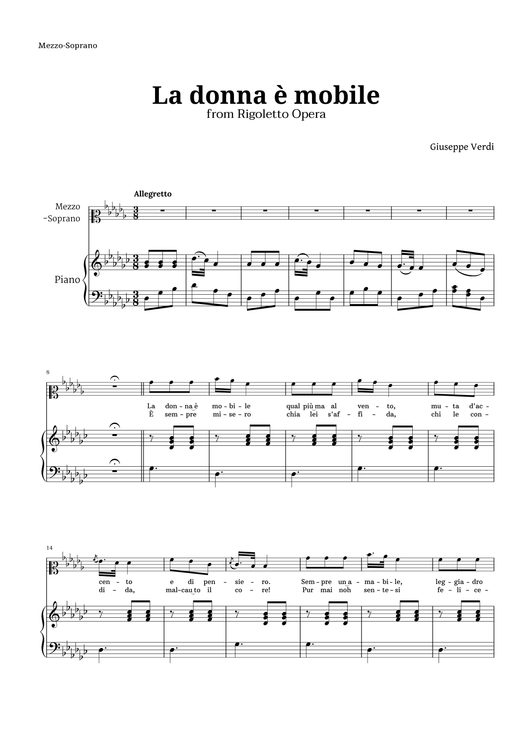 La donna è mobile in G-flat major for Mezzo Soprano and Piano (arr. Langanho)