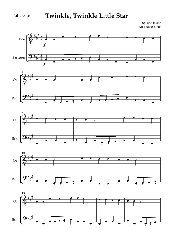 Twinkle, Twinkle Little Star for Oboe & Bassoon Duo (arr. Fabio Britto)