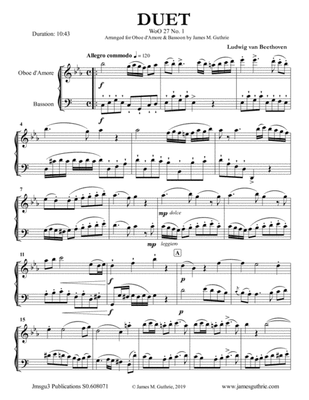 Beethoven: Three Duets WoO 27 for Oboe d'Amore & Bassoon (arr. James M. Guthrie, ASCAP)