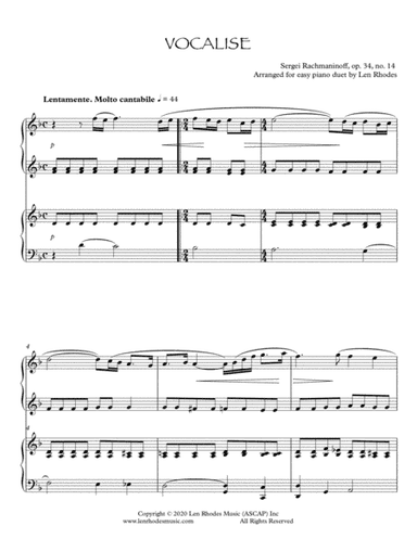 Rachmaninoff - Vocalise, Piano Duet - arranged for the Intermediate Pianist (arr. Len Rhodes)