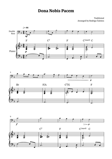 Dona Nobis Pacem - for double bass (with piano accompaniment with chords) (arr. Rodrigo Faleiros)