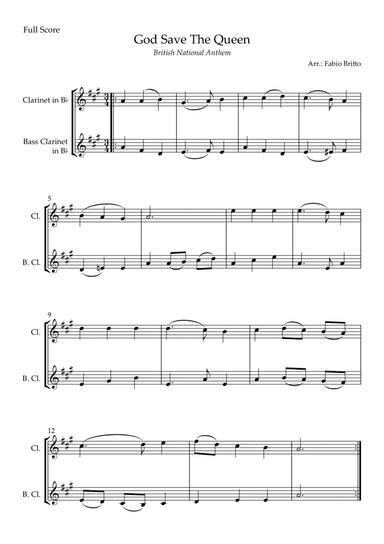 God Save The Queen (British National Anthem) for Clarinet in Bb & Bass Clarinet in Bb Duo (arr. Fabio Britto)