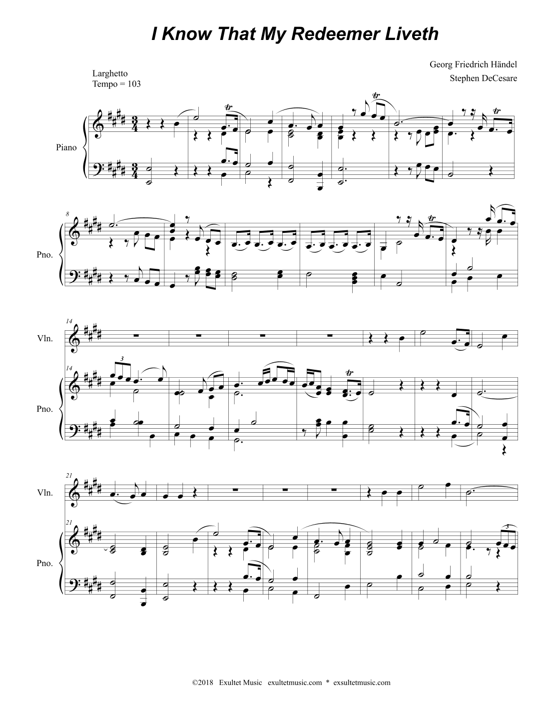 I Know That My Redeemer Liveth (Violin solo and Piano) (arr. Stephen DeCesare)