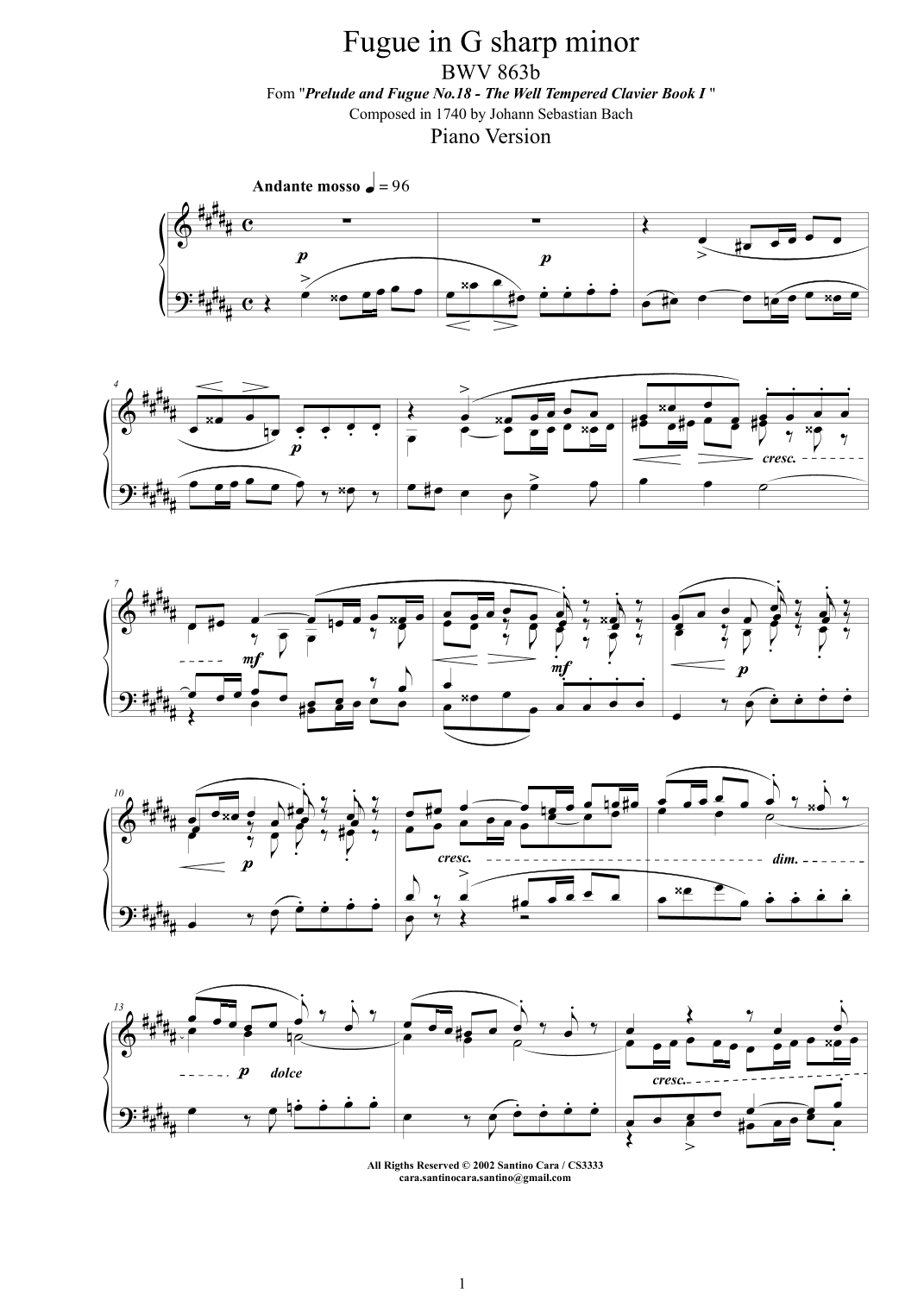 Bach - Fugue in G sharp minor BWV 863b - Piano version (arr. Santino Cara)