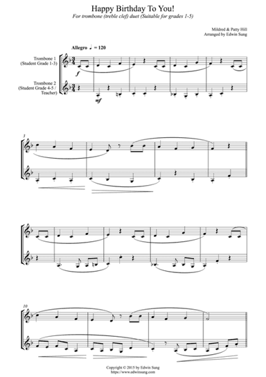 Happy Birthday To You! (for trombone duet (treble clef) duet, suitable for grades 1-5) (arr. Edwin Sung)