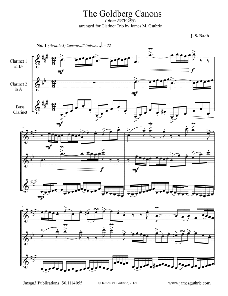 BACH: The Goldberg Canons from BWV 988 for Clarinet Trio (arr. James M. Guthrie)