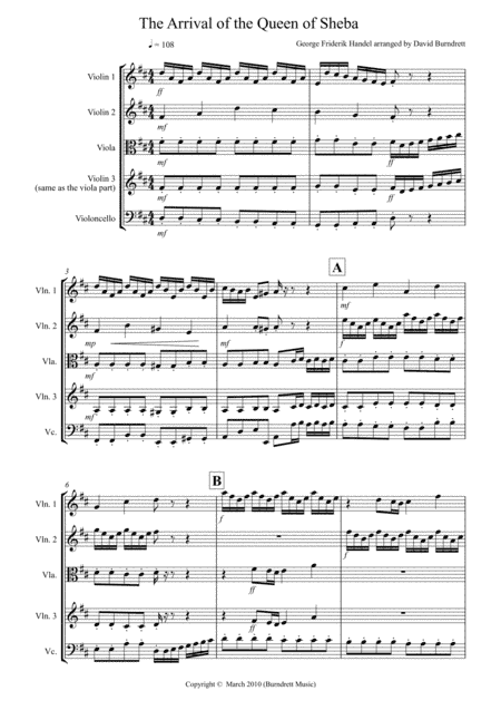 Arrival of the Queen of Sheba for String Quartet (arr. David Burndrett)