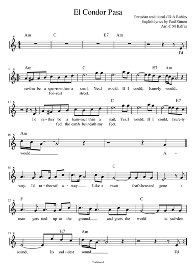 El Condor Pasa - C instruments such as recorder, flute, oboe, violin (with YouTube backing track) (arr. Christy Kalfas)