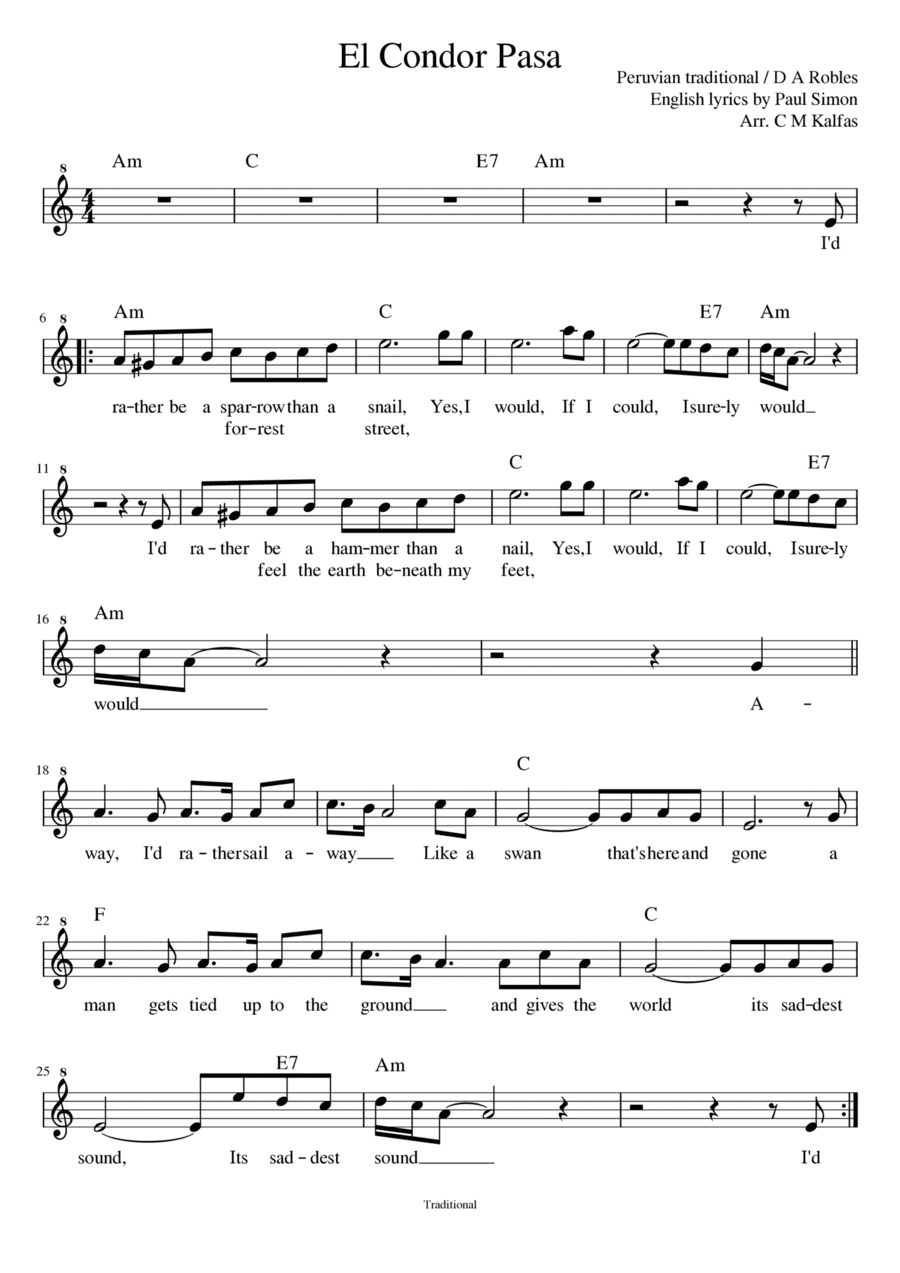 El Condor Pasa - C instruments such as recorder, flute, oboe, violin (with YouTube backing track) (arr. Christy Kalfas)