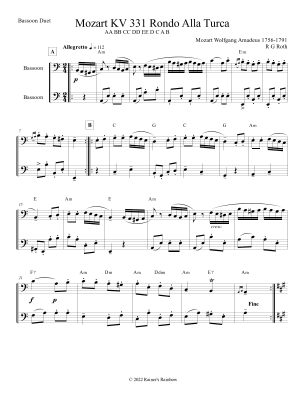 Mozart Rondo Alla Turca for Bassoon (arr. R G Roth)