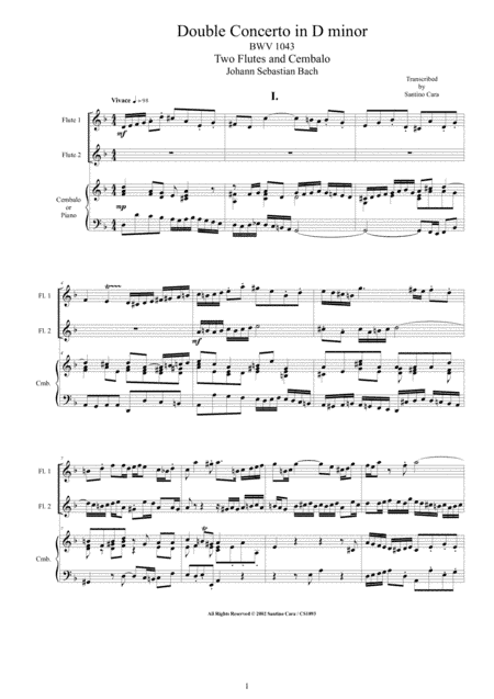 Bach - Double Concerto in D minor BWV1043 for Two Flutes and Cembalo or Piano (arr. Santino Cara)
